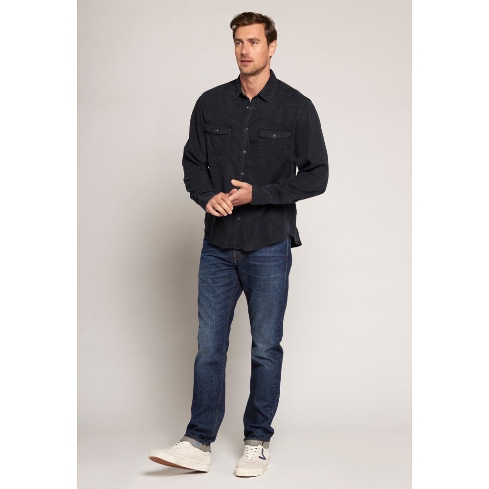 Current/Elliott The Classic Western Shirt Black Denim Snap Front L Lyocell Blend